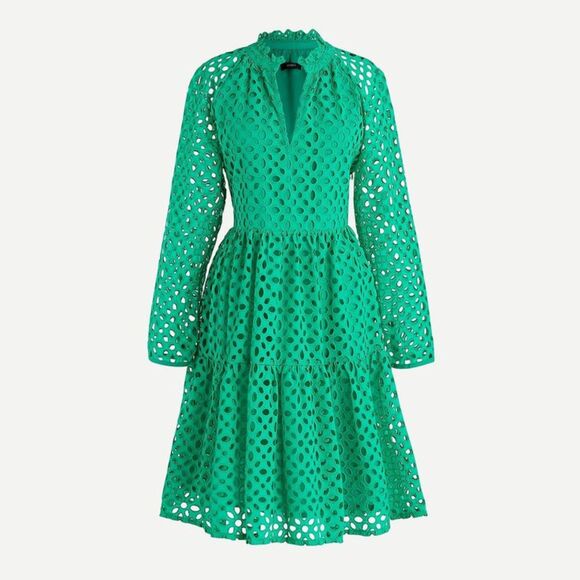 J Crew Women Dress Green Mini Tiered Popover Embroidered Eyelet V Neck A Line XS - Picture 1 of 11